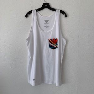 Serengetee multi color print pocket white tank top